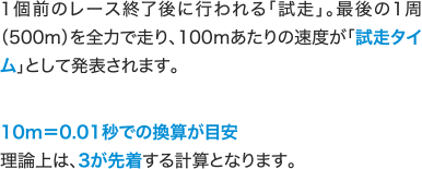 1個前のレース終了後に行われる「試走」。最後の1周（500m）を全力で走り、100ｍあたりの速度が「試走タイム」として発表されます。 10m＝0.01秒での換算が目安 理論上は、3が先着する計算となります。