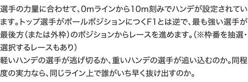 選手の力量に合わせて、0ｍラインから10ｍ刻みでハンデが設定されています。トップ選手がポールポジションにつくF1とは逆で、最も強い選手が最後方（または外枠）のポジションからレースを進めます。（※枠番を抽選・選択するレースもあり）
軽いハンデの選手が逃げ切るか、重いハンデの選手が追い込むのか。同程度の実力なら、同じライン上で誰がいち早く抜け出すのか。