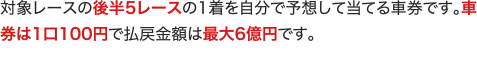 対象レースの後半5レースの1着を自分で予想して当てる車券です。車券は1口100円で払戻金額は最大6億円です。