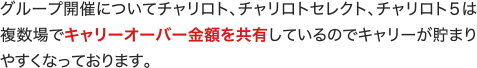 グループ開催についてチャリロト、チャリロトセレクト、チャリロト5は複数場でキャリーオーバー金額を共有しているのでキャリーが貯まりやすくなっております。