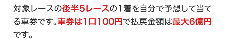 対象レースの後半5レースの1着を自分で予想して当てる車券です。車券は1口100円で払戻金額は最大6億円です。