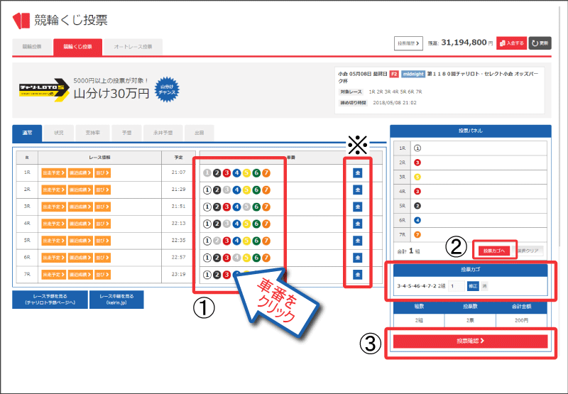 「チャリロト購入」アイコンをクリック