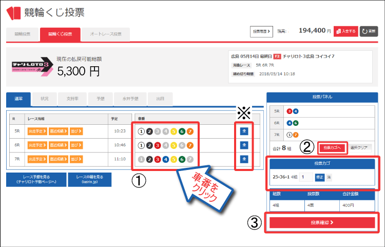 「チャリロト購入」アイコンをクリック